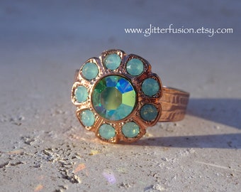 Peridot AB & Pacific Opal Swarovski Crystal Rose Gold Flower Ring, Sea Green Opal Crystal Spring Floral Daisy Ring, Glitter Fusion Jewelry