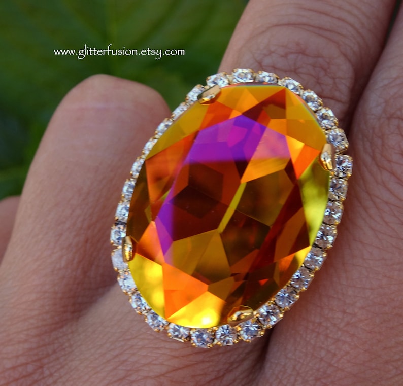 Pageant Rings Astral Pink Czech Crystal Oval Statement Ring, Big Pink Orange Autumn ...