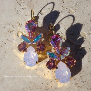Rose Water Opal Iridescent Pale Pink Swarovski Crystal Statement Earrings, Big Pink Crystal Gold Valentine Pageant Earrings, Glitter Fusion