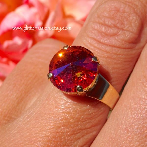 Fuchsia Tangerine Czech Crystal Statement Ring, Magenta Orange Crystal Elegant California Summer Gold Ring, Glitter Fusion Gift For Her Ring