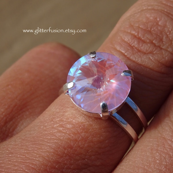 Lavender DeLite Swarovski Crystal Statement Ring, 12mm Light Purple Pink 12mm Rivoli Crystal Elegant Feminine Ring, Glitter Fusion Jewelry