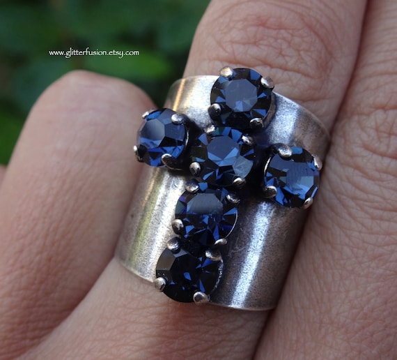 Vintage Montana Blue Swarovski Crystal Cross Statement Ring Dark