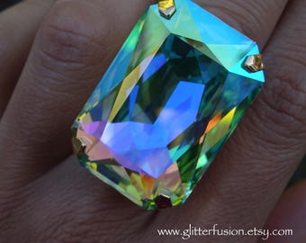 Chrysolite AB Swarovski Crystal Rectangular Statement Ring