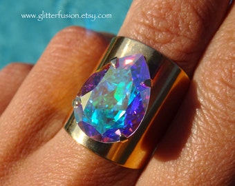 Aurora Borealis Swarovski Crystal Pear Shaped Gold Wide Band Ring, AB Iridescent Holo Rainbow Crystal Teardrop Ring, Glitter Fusion Jewelry
