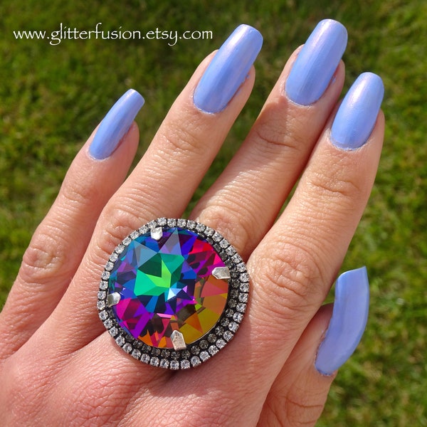 Electra Swarovski Crystal Big Kleurrijke Statement Ring, Enorme Rainbow Crystal Pageant High Fashion Ring, Unisex Glitter Fusion Crystal Sieraden