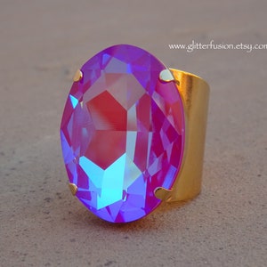 Lotus Pink DeLite Czech Crystal Oval Statement Ring, Huge Pink Purple Crystal Gold Wide Band Glam Pageant Ring, Glitter Fusion Jewelry