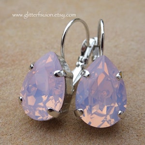 Rose Water Opal Swarovski Crystal Pear Shaped Statement Earrings, Pink Opalescent Crystal Teardrop Dangle Earrings, Bridesmaid Prom Earrings