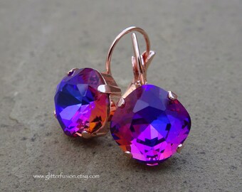 Violet Fuchsia Volcano Czech Crystal Rose Gold Statement Earrings, Purple Pink Orange Jewel Summer Sunset Bridesmaid Earrings, GlitterFusion