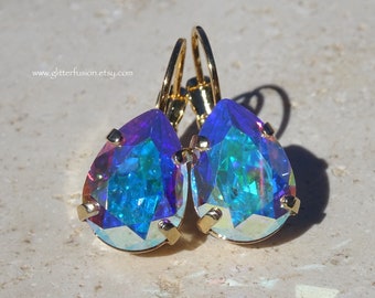 Aurora Borealis Swarovski Crystal Earrings, Colorful Iridescent AB Crystal Pear Gold Bridesmaid Prom Earrings, Glitter Fusion Jewelry