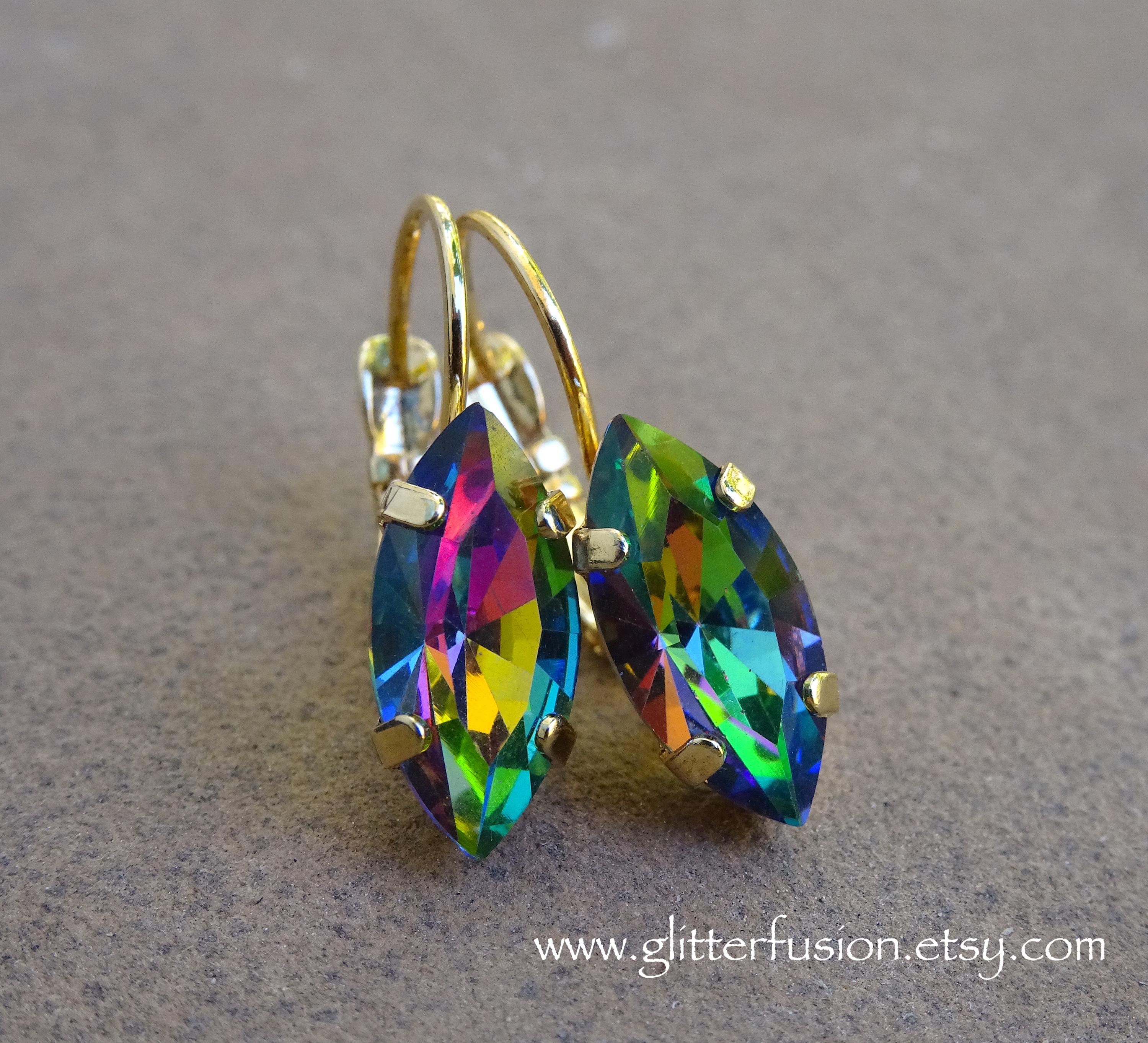 Vitrail Medium Swarovski Crystal Navette Gold Dangle Earrings 
