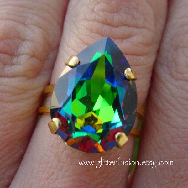 Vitrail Medium Swarovski Crystal Teardrop Ring, Rainbow Pear Shaped Crystal Ring, Glitter Fusion Big Statement Ring, Kleurrijke Pageant Ring