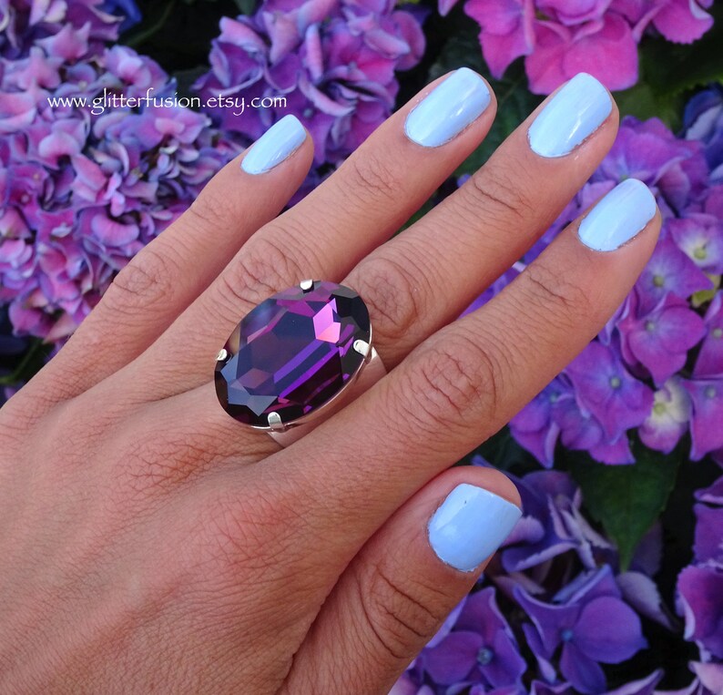 Amethyst Swarovski Crystal Oval Statement Ring, Huge Purple Crystal ...
