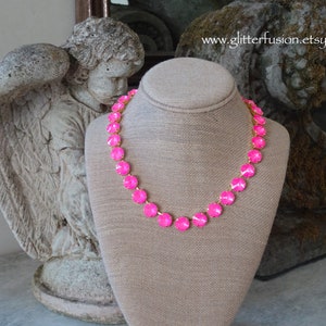 NEW COLOR! Neon Pink Swarovski Crystal Gold Statement Necklace, Big Barbie Pink Crystal Bridesmaid Pageant Necklace, Glitter Fusion Jewelry