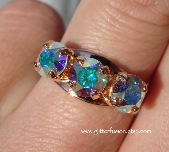 Aurora Borealis Swarovski Crystal Rose Gold Statement Ring Multi