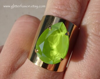Lime Swarovski Crystal Statement Ring, Bright Green Pear Crystal Wide Gold Ring Band Boho Chic Ring, St. Patrick's Day Ring, Glitter Fusion