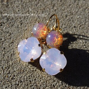 Limited Edition Vintage Pink Fire Opal Rose Water Opal Rose Cut Swarovski Crystal Rose Gold Bridesmaid Statement Earrings, Glitter Fusion