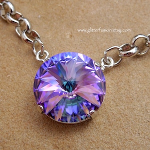 Vitrail Light 18mm Swarovski Rivoli Crystal Statement Necklace, Big Pink Cotton Candy Crystal Glam Bridesmaid Prom Necklace, Glitter Fusion
