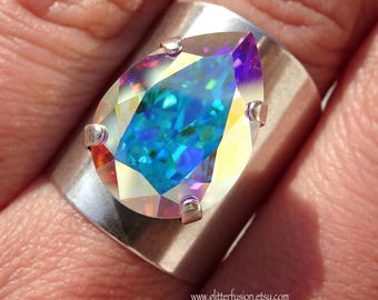 Aurora Borealis Swarovski Crystal Pear Shaped Wide Band Ring,AB Iridescent Rainbow Crystal Teardrop Ring,Boho Crystal Rainbow Pear Ring