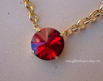 Limited Vintage Siam Swarovski Crystal Statement Necklace, Ruby Red Crystal Valentine's Day Gift Bridesmaid Necklace, Glitter Fusion Jewelry
