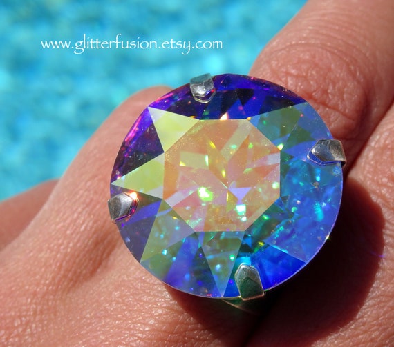 EXALTED - Large Oval AB Crystal Cocktail Ring, Shimmering and Colorful –  ShySiren.com