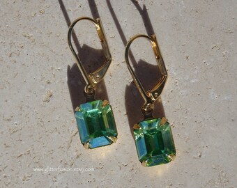 Vintage Peridot AB Swarovski Crystal Earrings, Iridescent Lime Green August Birthstone Crystal Bridesmaid Earrings, Glitter Fusion Jewelry