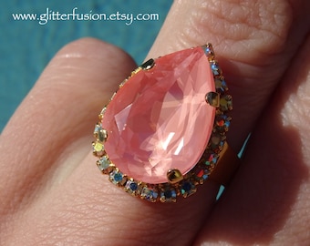 Flamingo Pink Swarovski Crystal AB Halo Pear Statement Ring, Peachy Pink Crystal Iridescent Halo Gold Valentine's Day Ring, Glitter Fusion