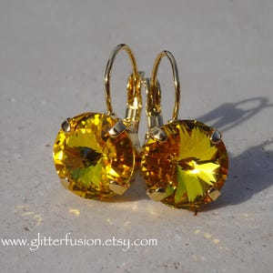 Light Topaz Shimmer Swarovski Crystal Statement Earrings, 12mm Bright Yellow Crystal Gold Bridesmaid Earrings, Glitter Fusion Jewelry