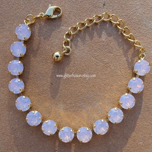 Rose Water Opal Swarovski Crystal Shiny Gold Tennis Bracelet, Pink Opalescent Crystal Bridesmaid Bracelet, Pink Prom Bracelet, GlitterFusion