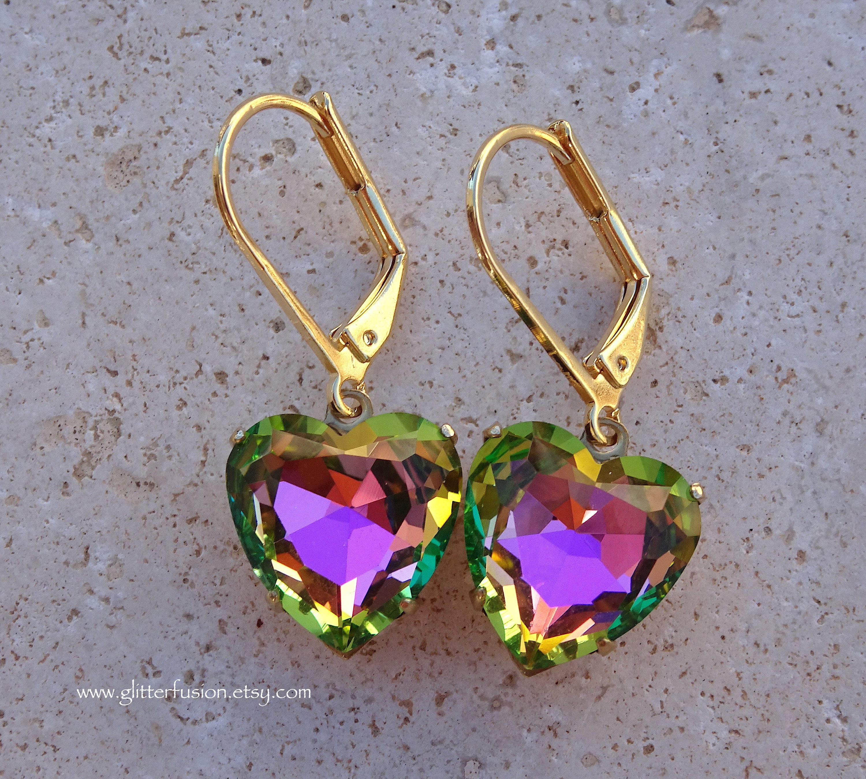 Vitrail Rose Czech Crystal Heart Valentine's Earrings, Rainbow Crystal Heart Earrings, Valentine Gift, Romantic Gift For Her, Glitter Fusion