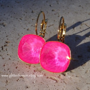 NEW COLOR Neon Pink Swarovski Crystal Statement Earrings, Neon Hot Pink Barbie 12mm Cushion Cut Crystal Square Gold Earrings, Glitter Fusion
