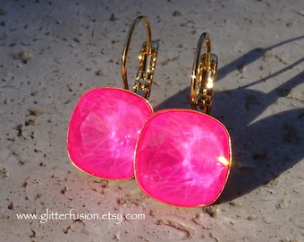 NEW COLOR Neon Pink Swarovski Crystal Statement Earrings, Neon Hot Pink Barbie 12mm Cushion Cut Crystal Square Gold Earrings, Glitter Fusion