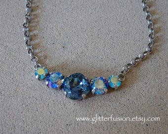 Iridescent Blue Sapphire Swarovski Crystal Antique Silver Necklace, Mermaid Ocean Bridesmaid Homecoming Necklace, Glitter Fusion Jewelry