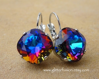 Meridian Blue Swarovski 12mm Cushion Cut Crystal Statement Earrings, Big Rainbow Colored Crystal Bridesmaid Earrings, Glitter Fusion Jewelry