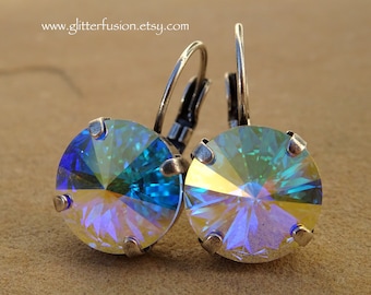 AB Swarovski Crystal Iridescent Statement Earrings, Aurora Borealis Rainbow Crystal Dangle Earrings, Bridesmaid Neutral Crystal  Earrings