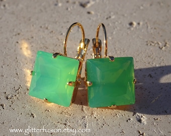 Pacific Opal Czech Princess Square Crystal Gold Statement Earrings, Opalescent Bright Green Crystal Earrings, Gift For Her, Glitter Fusion