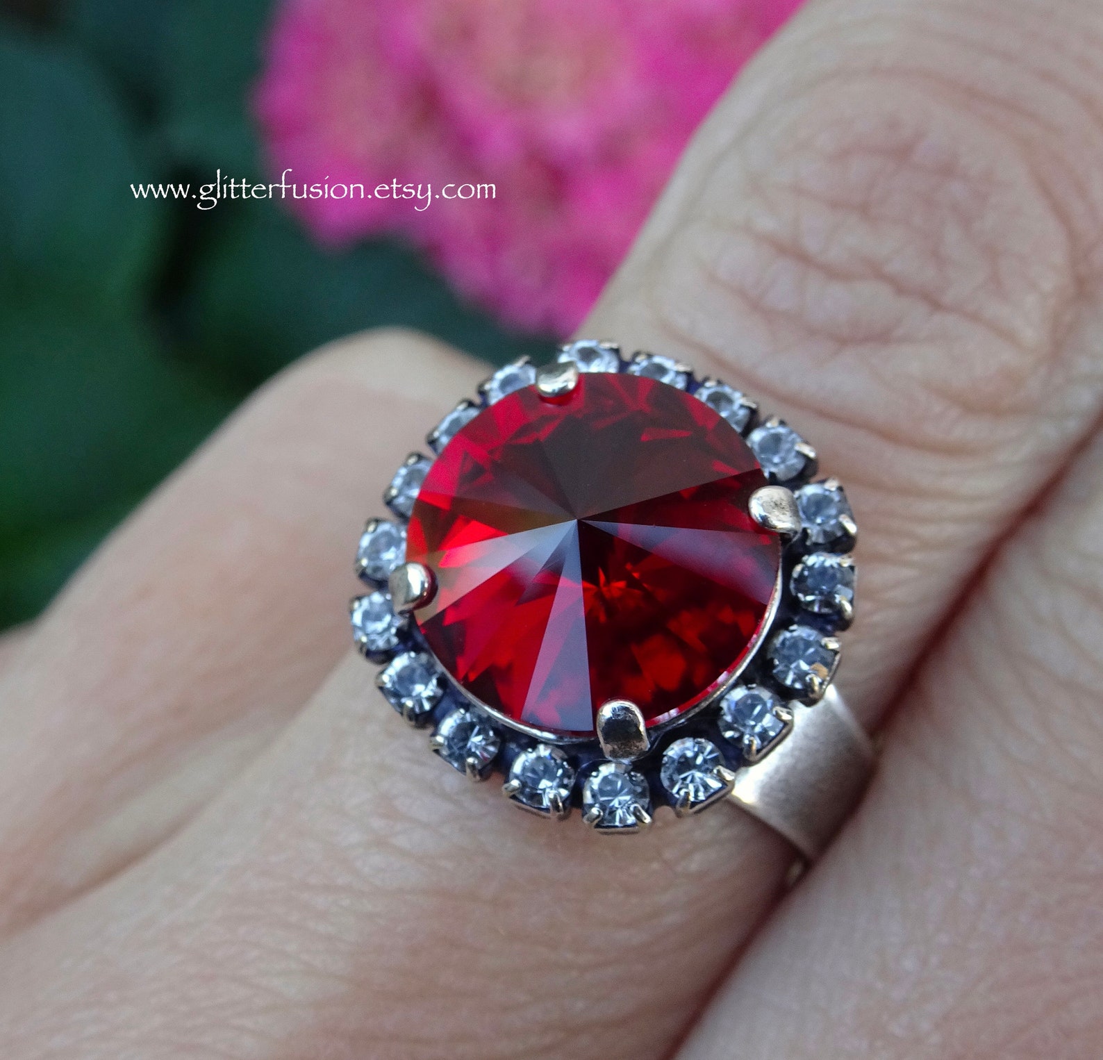 Siam Swarovski Crystal Statement Ring, Ruby Red Crystal Clear Halo ...