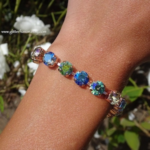 Mermaid Swarovski & Czech Crystal Rose Gold Statement Bracelet, Blue Crystal Bridesmaid Tennis Bracelet, Gift For Her, GlitterFusion Jewelry image 8