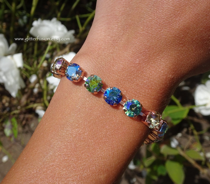 Mermaid Swarovski & Czech Crystal Rose Gold Statement Bracelet, Blue Crystal Bridesmaid Tennis Bracelet, Gift For Her, GlitterFusion Jewelry image 8