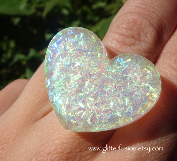 Iridescent White Glitter Resin Heart Statement Ring Shimmery