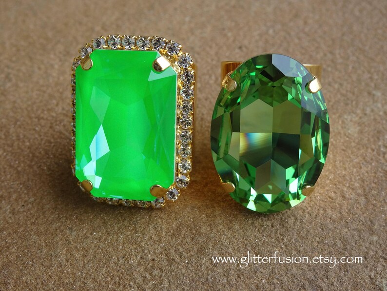 NEW COLOR! Peridot Swarovski Crystal Gold Wide Band Statement Ring, Big ...