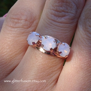 Rose Water Opal Swarovski Crystal Rose Gold Small Three Stone Statement Ring, Pink Multi Stone Boho Chic Stacking Ring GlitterFusion Jewelry