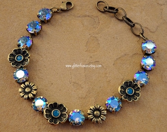 Light Sapphire Shimmer Swarovski Crystal Statement Bracelet, Boho Bridesmaid Floral Crystal Vintage Inspired Tennis Bracelet, Glitter Fusion