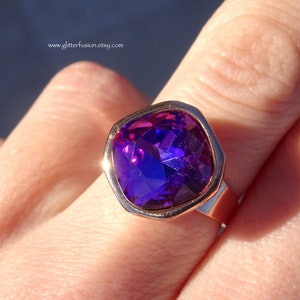 Violet Fuchsia Volcano Czech Crystal Rose Gold Statement Ring, Big Purple Pink Orange Summer Sunset Crystal Ring, Glitter Fusion Jewelry