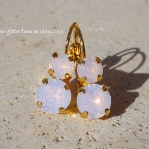 Rose Water Opal Swarovski Crystal Earrings, Pale Pink Opalescent Crystal Gold Bridesmaid Dangle Earrings, Pink Opal Earrings, Glitter Fusion