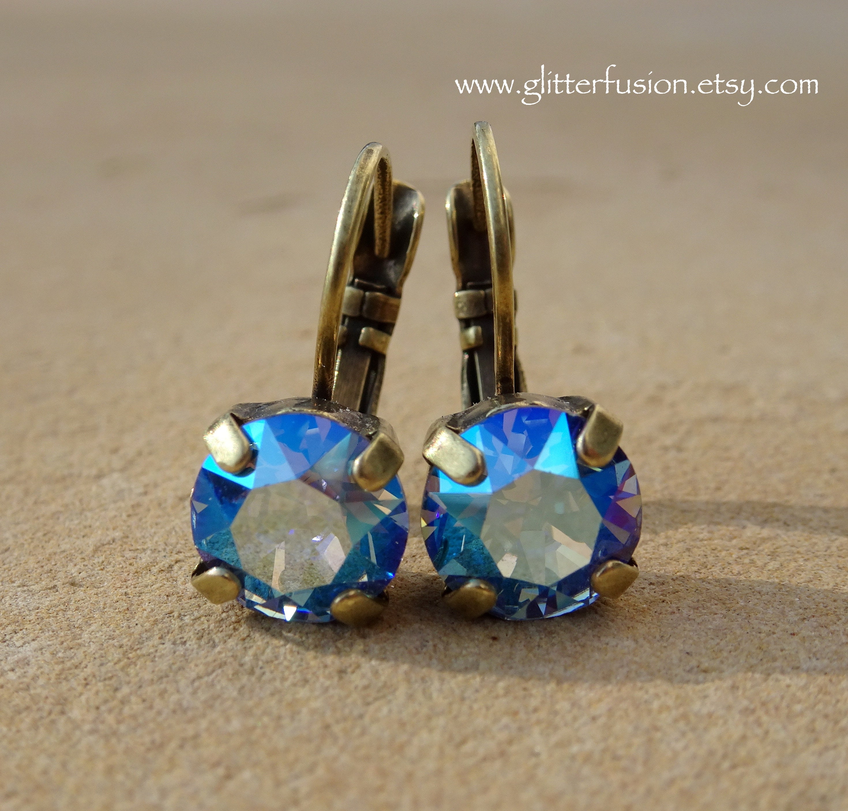 Light Sapphire Shimmer Swarovski Crystal Small Lever Back Statement Earrings, Iridescent Blue Bridesmaid September Birthstone Earrings