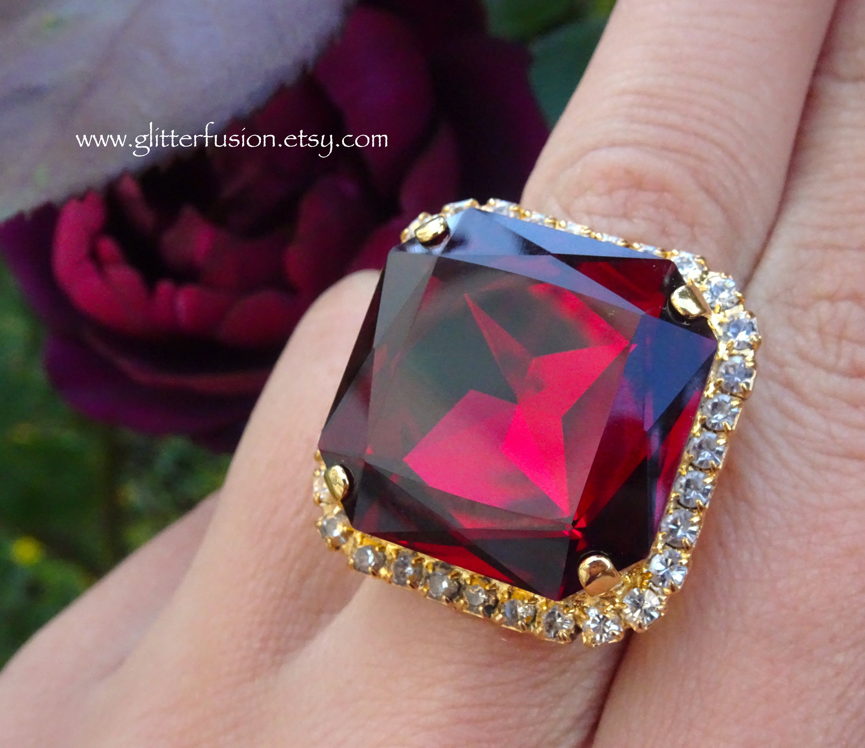LIMITED EDITION Ruby Swarovski Square Crystal Gold Wide Band