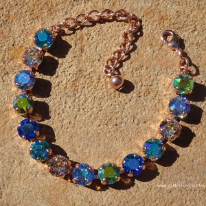 Mermaid Swarovski & Czech Crystal Rose Gold Statement Bracelet, Blue Crystal Bridesmaid Tennis Bracelet, Gift For Her, GlitterFusion Jewelry image 5