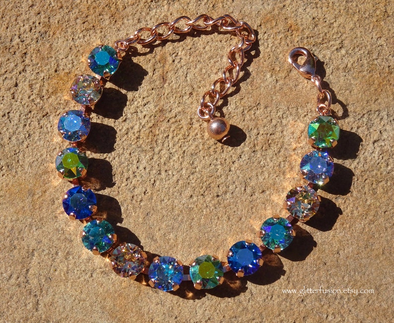 Mermaid Swarovski & Czech Crystal Rose Gold Statement Bracelet, Blue Crystal Bridesmaid Tennis Bracelet, Gift For Her, GlitterFusion Jewelry image 5
