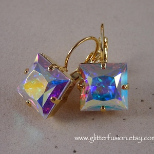 Aurora Borealis Swarovski Crystal Princess Square Gold Statement Earrings, Iridescent AB Crystal Bridesmaid Pageant Earrings, Glitter Fusion