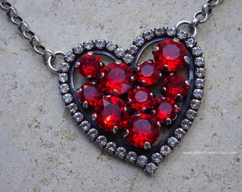 Light Siam Swarovski Crystal Heart Valentine's Day Statement Necklace, Romantic Ruby Red Crystal Heart Pendant, Gift For Her, Glitter Fusion